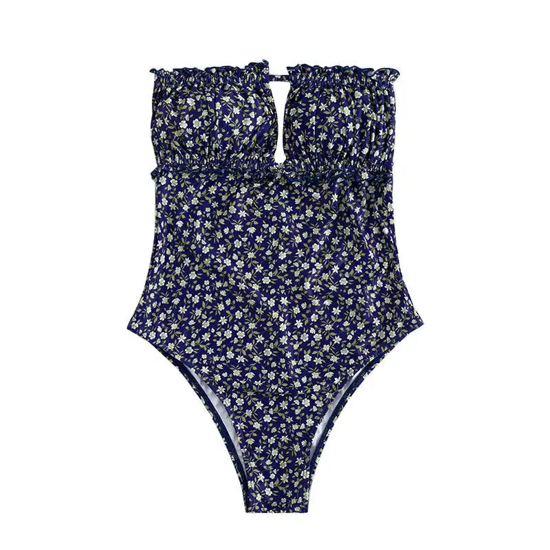 

Floral Print Swimwear 2023 Beach Outfits For Women Blue Beachwear One Piece Swimsuit Back Lace Up Tankini Sexy Neck Strap