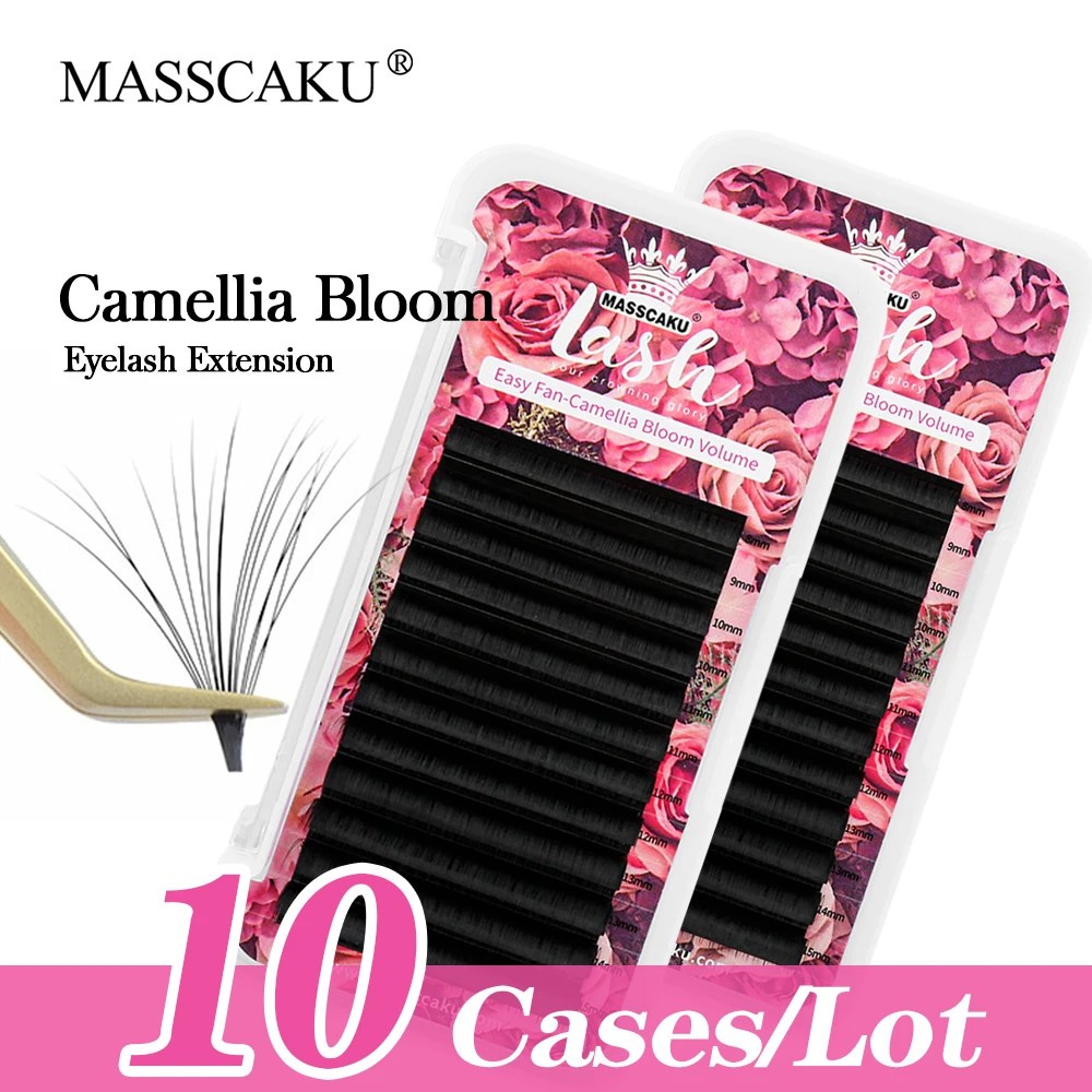 

MASSCAKU 10cases/lot Auto Fan Fast Bloom Eyelashes Extensions Mega Volume Fans 8-20mm All Size Single Classic Eyelashes Supplies