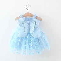 Summer girl’s camisole dress solid color butterfly 3D printing sleeveless mesh splicing butterfly wing fluffy skirt
