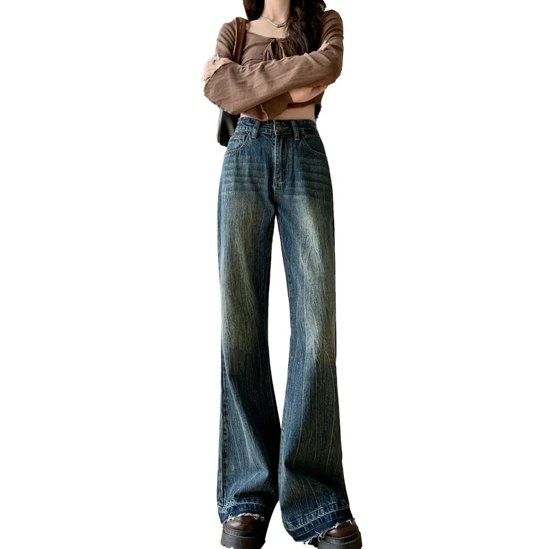 American retro burlap micro flare jeans female spring 2024 new high-waisted thin wide-legged drag pants