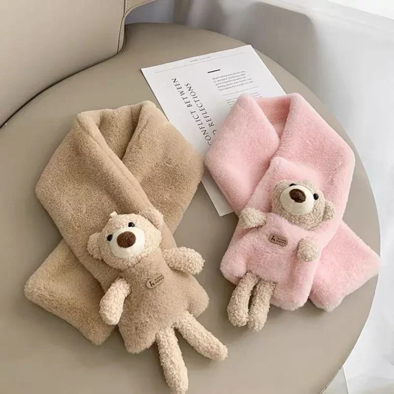Cute Bear Scarf Children's Imitation Rabbit Fur Thickened Scarf Boys and Girls Winter Plus Velvet Baby Warm Scarves