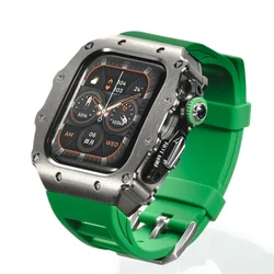 Luxury Apple Watch Enhancement Kit - Premium Silicone Strap & Stainless Steel Case - Series 987 45mm (Titanium Green)