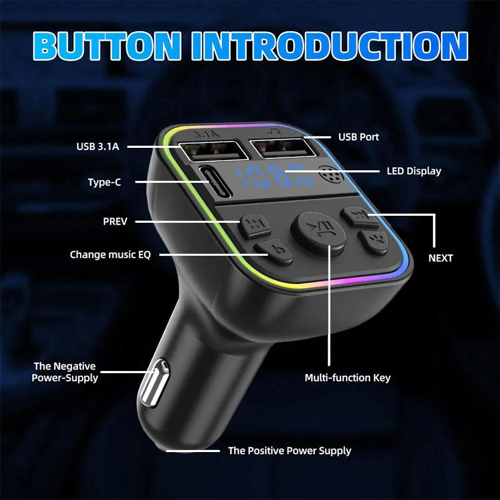 FM Transmitter Car MP3 Player 1pcs Car Bluetooth Player Car 5.0 FM Transmitter PD MP3 3.1A Colorful USB Charger Fast Light Type-C Handsfree Ambient Dual P2G4