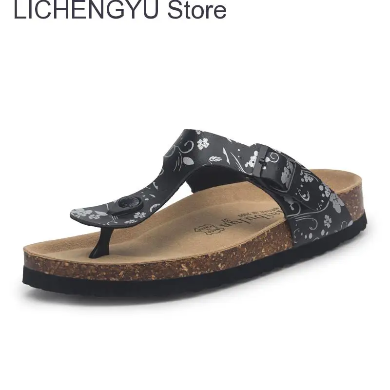 New Women Print Cork Flip Flops Slipper Casual Summer Beach Outside Non-slip Slides Shoe