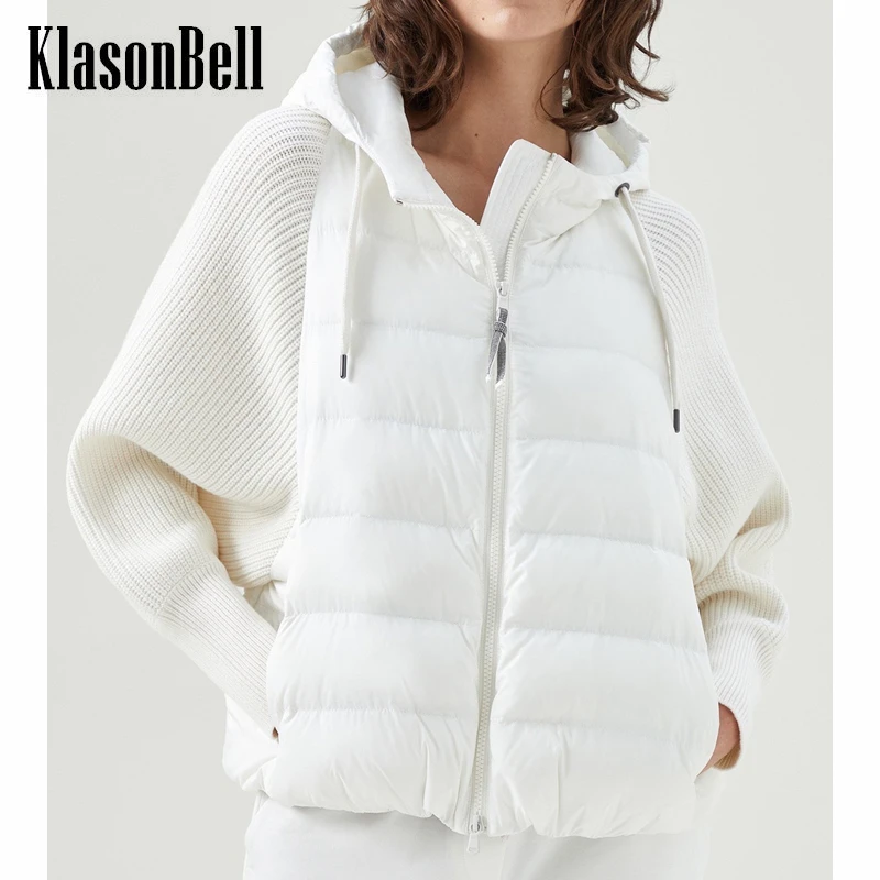 

9.3 KlasonBell Wool Cashmere Knitted Spliced Hooded Drawstring Zipper Down Jacket Women