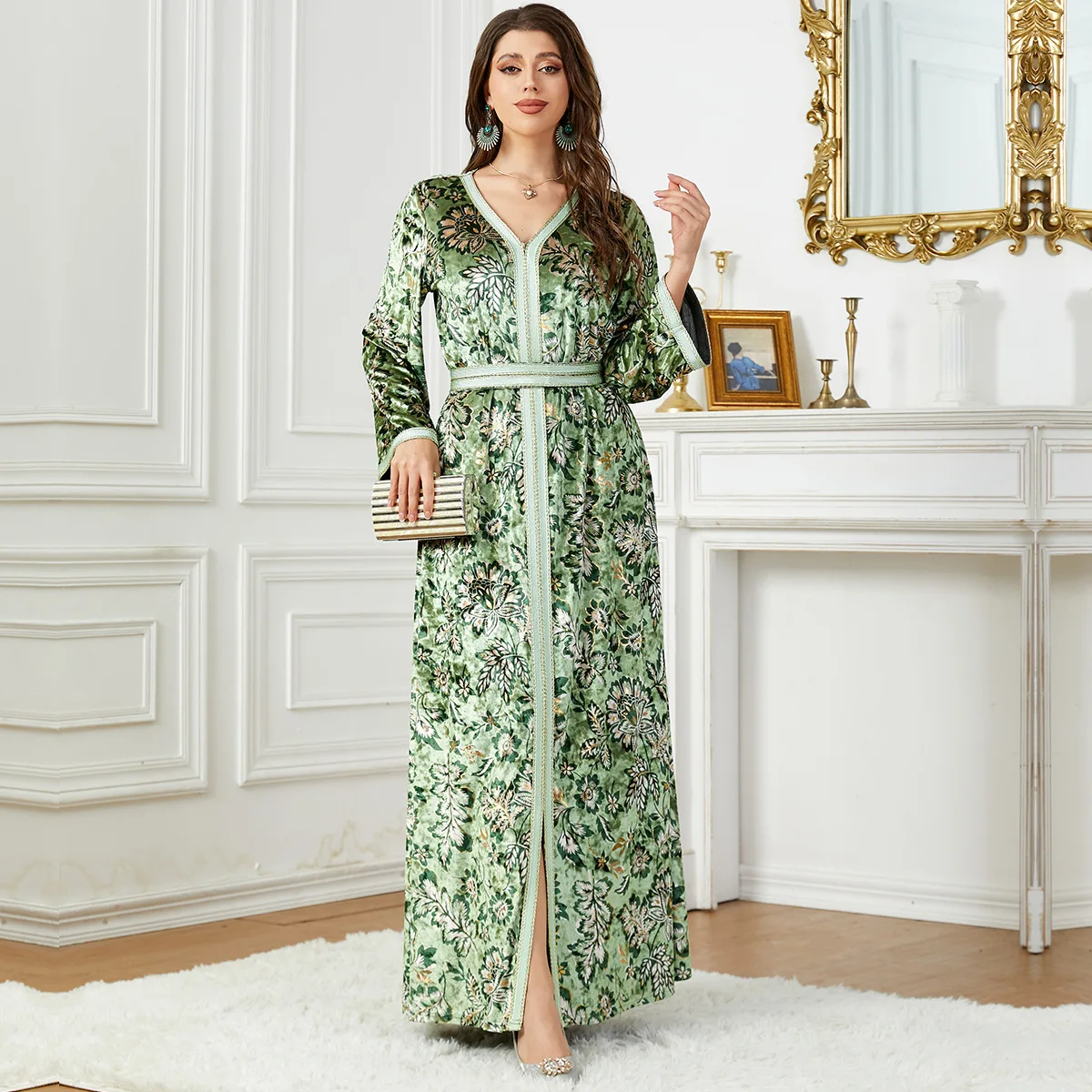 

Winter Velvet Abaya Women Print Belted Maxi Dress Muslim Dubai Turkey Kaftan Arabic Morocco Caftan Islamic Jalabiya Lounge Robe