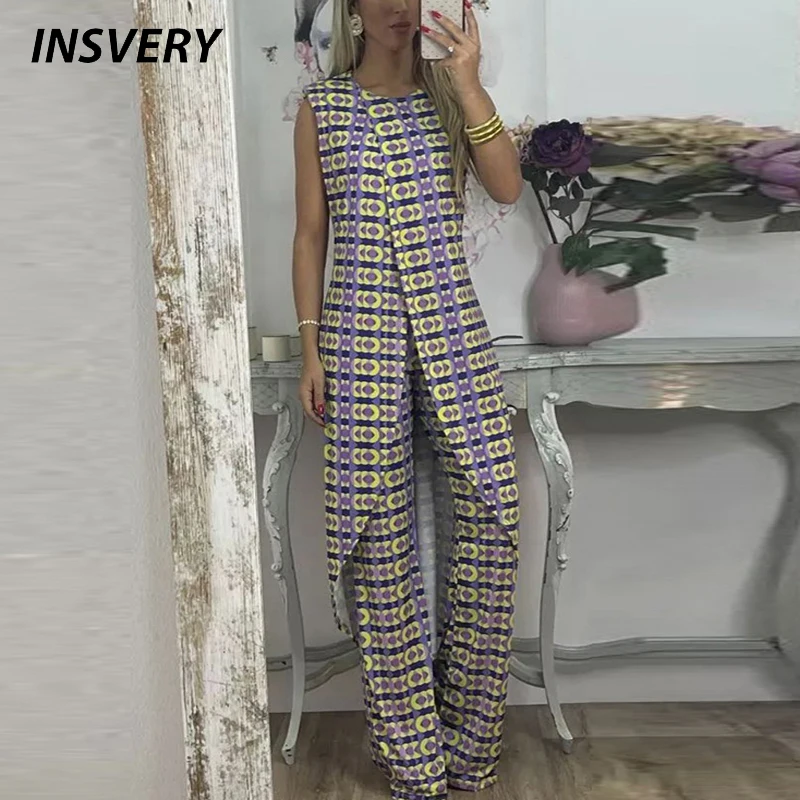 

Women Casual Two Piece Set O Neck Long Shirt High Waist Pants Suit Female Vintage Print Holiday Outfits