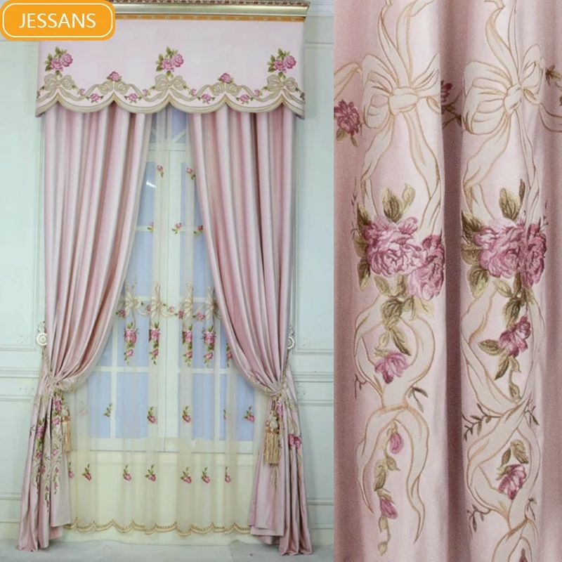 

Customized Pink Embroidered Screen Velvet Curtains for Living Room Bedroom French Window Balcony Villa Finished Product Valance