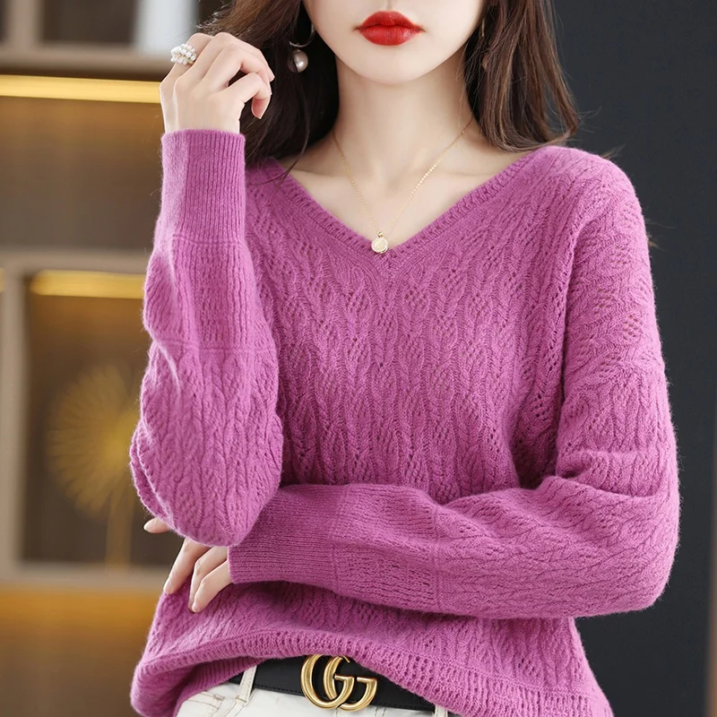 

2023 Women Cashmere V-neck Sweaters Standard Pullovers Winter Fashion Knitting Wool Clothing New Arrival Long Sleeve Lady Tops