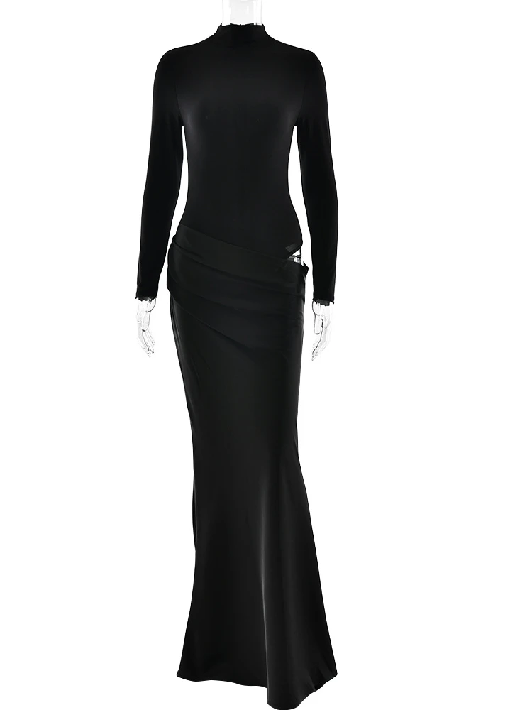 JULISSA MO Turtleneck Satin Sexy Hollow Out Zipper Women Maxi Dress Black Patchwork Long Sleeve Slim Elegant Party Evening Dress 6