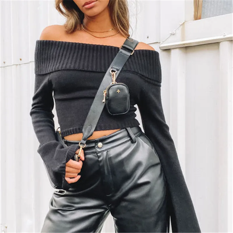 

hirigin Women Casual Solid Sweater Top Long Sleeve Off Shoulder Ribbed Knit Cropped Shirt Fairy Grunge Fall Y2K Streetwear