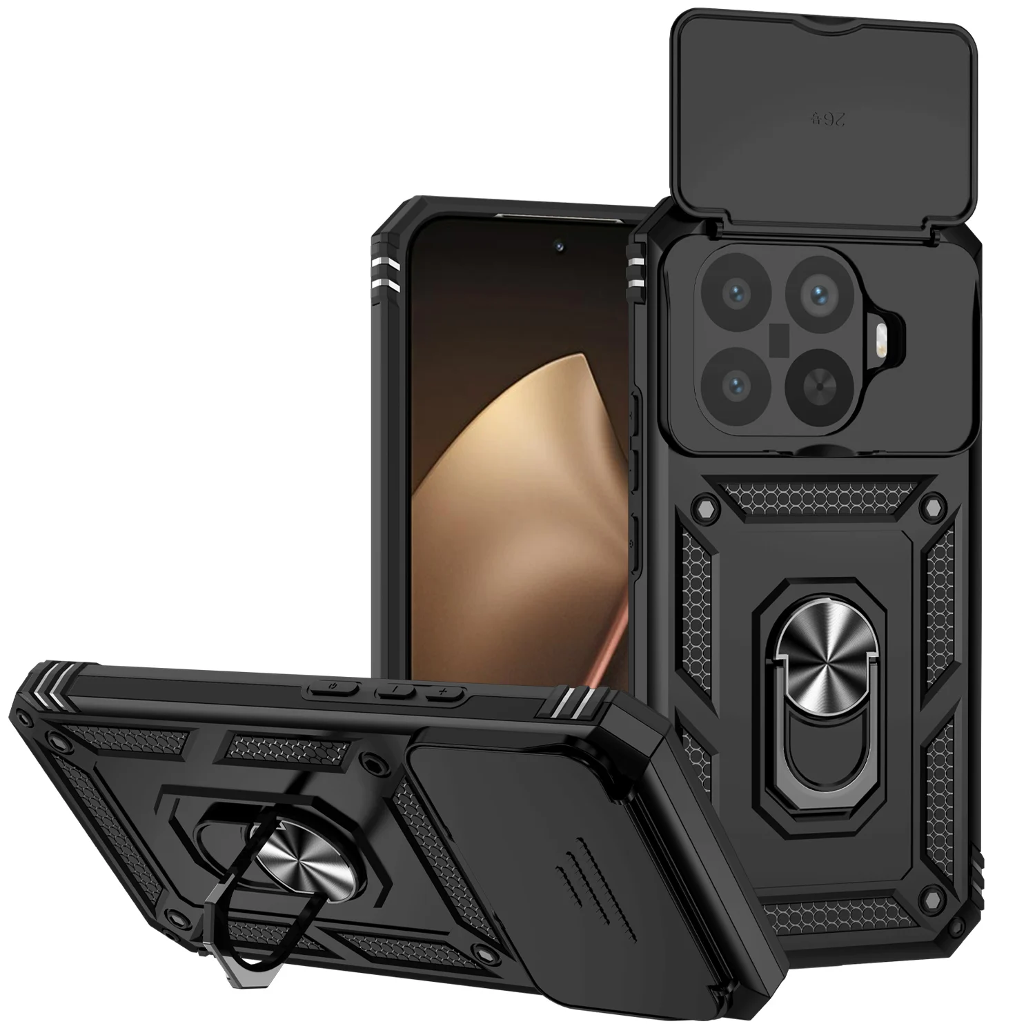 Enhanced Magnetic Ring Stand Armor Case with Slide Camera Lens Cover - Military Grade Protection