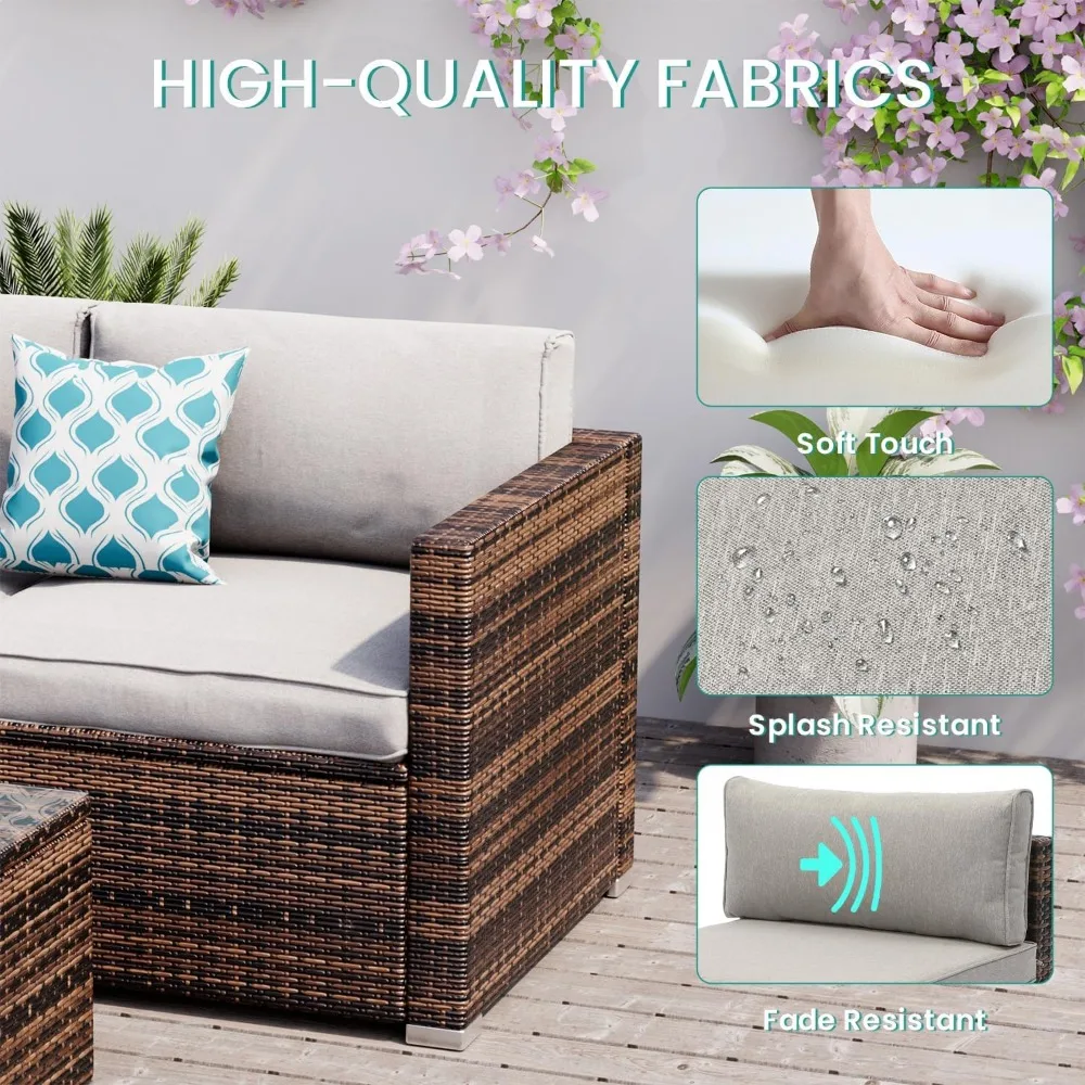 5-Piece Outdoor Sectional Furniture, Outdoor Furniture Set w Grey Cushions,Wicker Patio Furniture Patio Conversation Sets Wicker 4