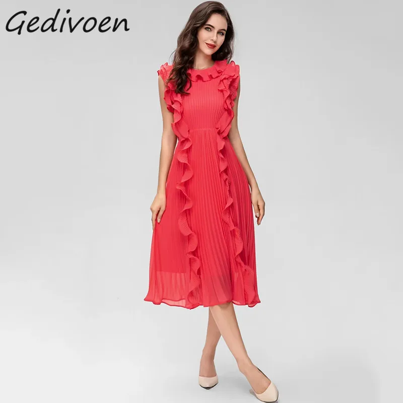 

Gedivoen Summer Fashion Designer Red Vintage Dress Women's O-Neck Sleeveless Irregular Ruffles Holiday Party Pleated Long Dress