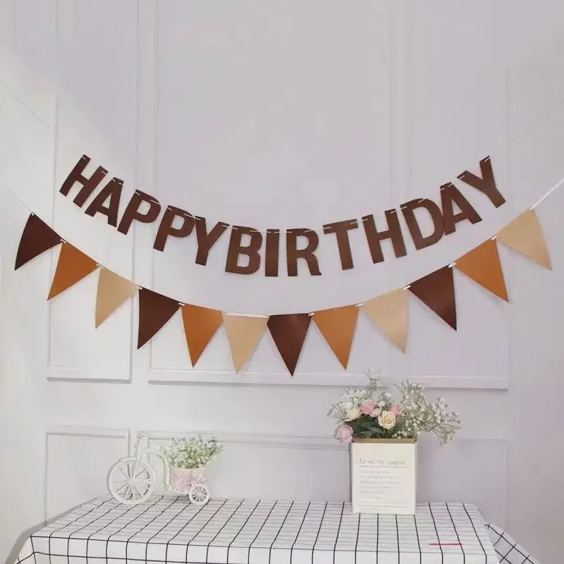 Coffee Brown Triangle Bunting Birthday Party Banner Happy Birthday Letter Non-woven Fabric Festive Garland