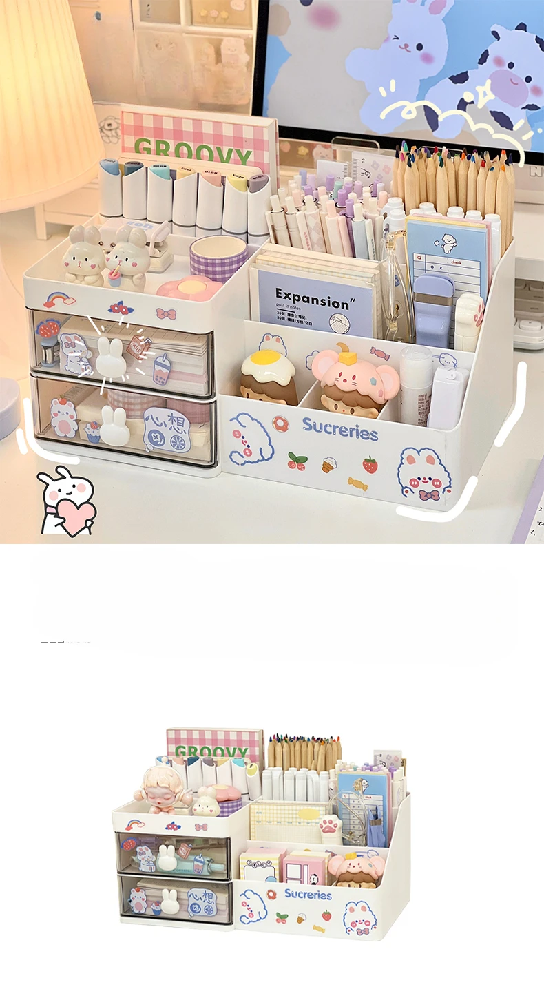 Description Picture 2 of itemDesktop Cosmetic Storage Box Organizer Drawer Office Storage Rack Stationery Desk Pen Holder Bunny Drawer Organizer Cute Kawaii