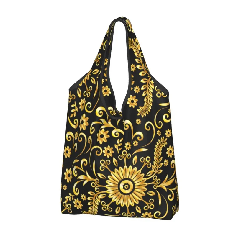 

Golden Floral Seamless Grocery Shopping Funny Shopper Shoulder Tote Bags Big Capacity Portable European Baroque Handbag