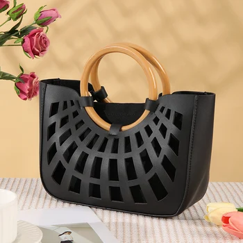 Women's Hollow Out PU Leather Tote Bag Lightweight Square Handbag with Loop Handle Stylish Shopping and Commuting Bag 1
