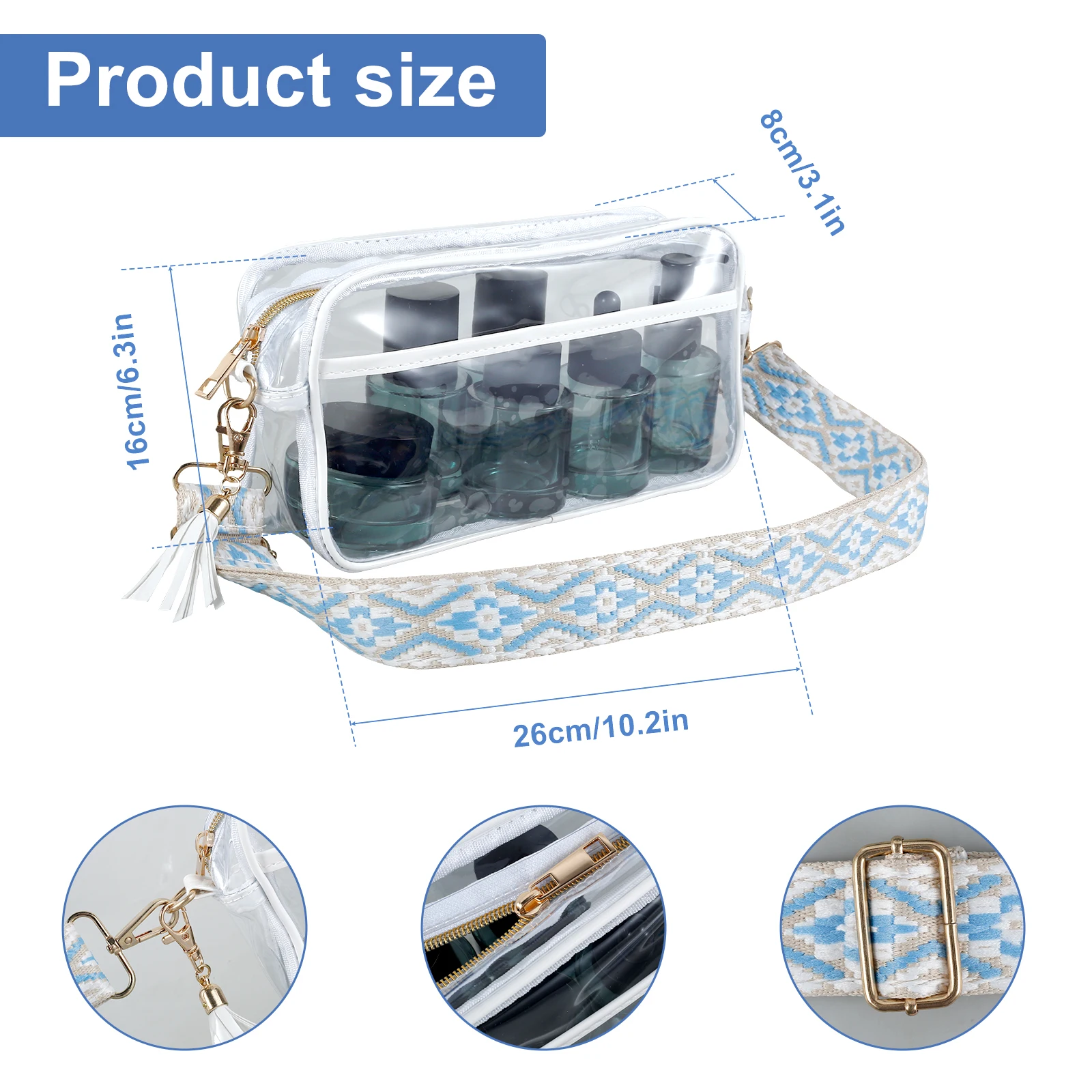Borsa Trasparente Da Donna In PVC – A Tracolla Con Catena Regolabile, Approvata Per Stadi E Concerti, Dimensioni 21,8x15,2 Cm, 7 Colori