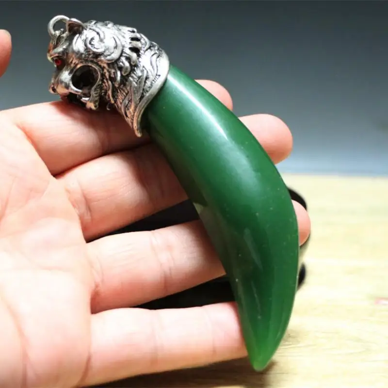 

China Hetian Qingyu Tibet Silver Tiger Head Statue Lucky Statues