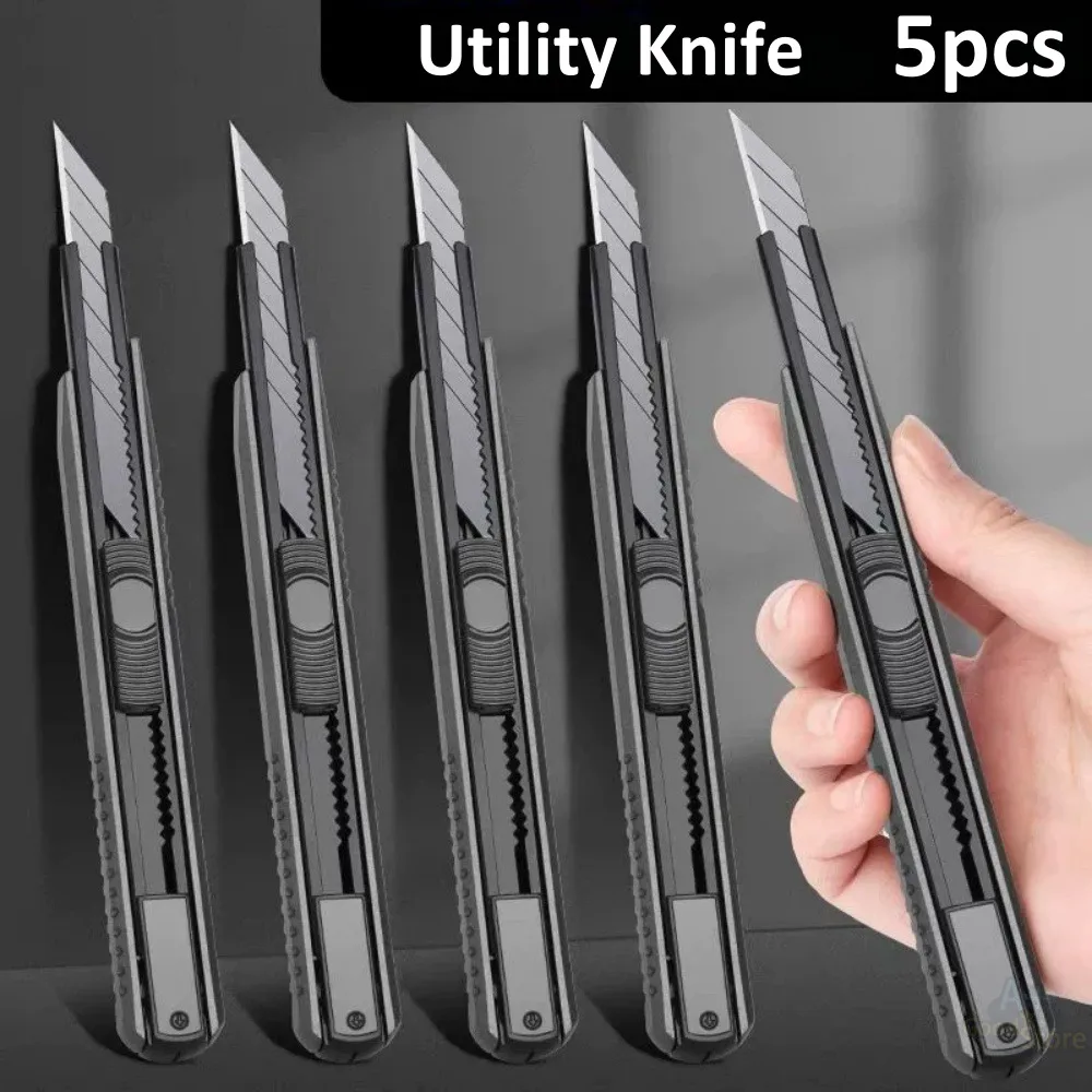Stainless Steel Blade Retractable Utility Knife 9mm Snap Off Knife Express Box Paper Cutter Craft Wrapping Cutting Tool 5pcs
