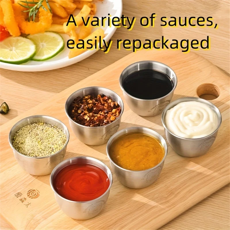 Stainless Steel 304 Seasoning Box Stylish 6-Grid Dip Dish with Leak-proof Lid - Sauce Cups for Ketchup/Spices Airtight Kitchen