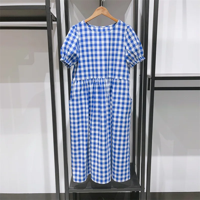 

Women Plaid Round Neck Puff Sleeve Loose Mid-length Dress 2023 Spring and Summer New Style