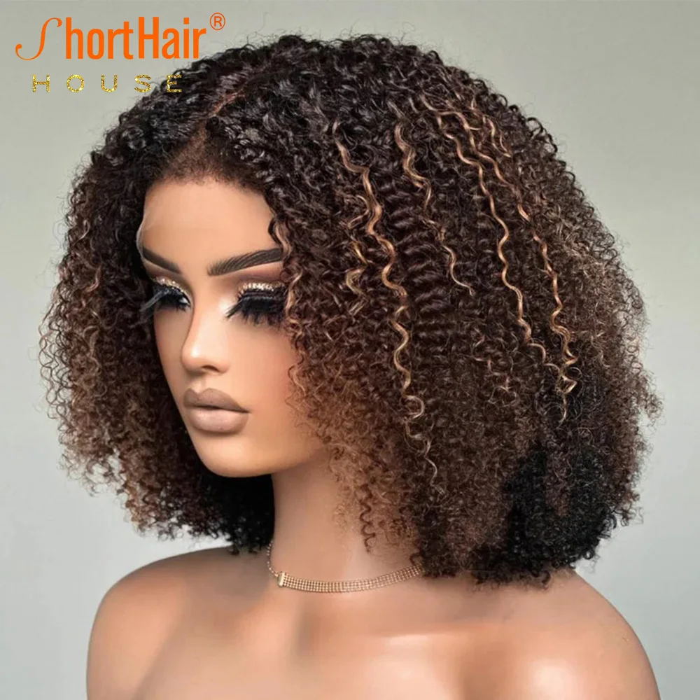 Highlight Wigs With Kinky Edges Human Hair Wigs 5x5 Lace Closure Human Hair Short Bob With Bangs Wear&Go Glueless