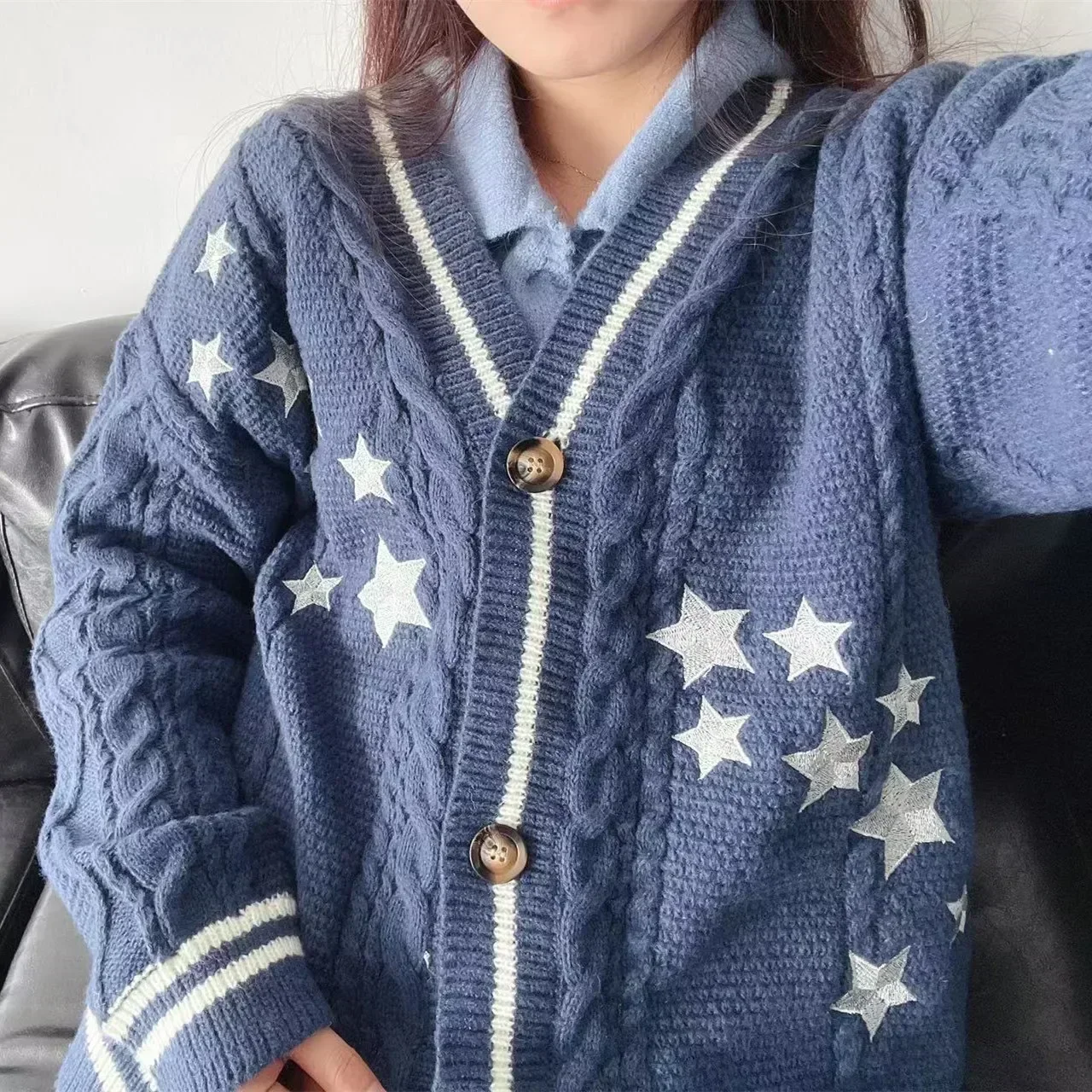여성용 스타 자수 미드나잇 블루 코튼 니트 가디건, 따뜻한 루즈핏 스웨터, Y2k 여성용 가디건, 가을 겨울