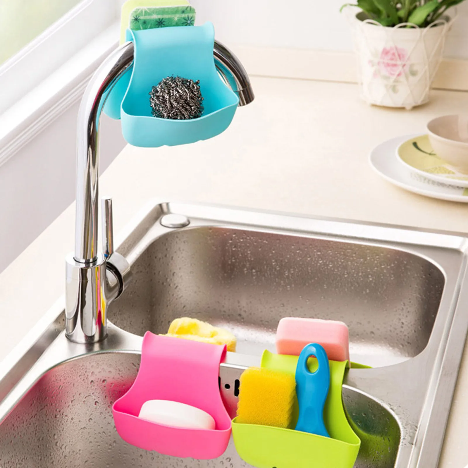 Creative Double Sink Caddy Saddle Style Kitchen Organizer Storage Sponge Holder Rack Tool Sink Hanging Drain Basket 2