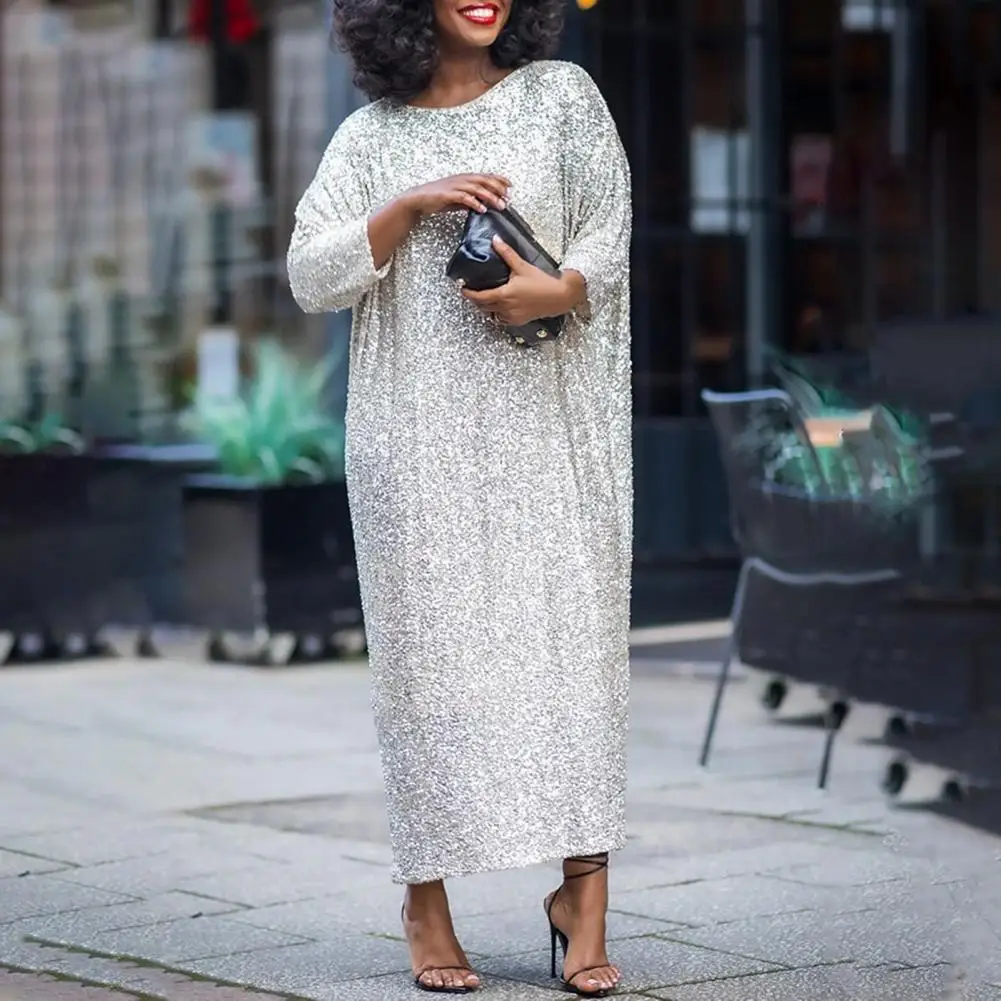 

Women Dress Elegant Sequin Maxi Dress with Three Quarter Sleeves Ankle Length Women's Soft Pullover in Oversized O for Commute