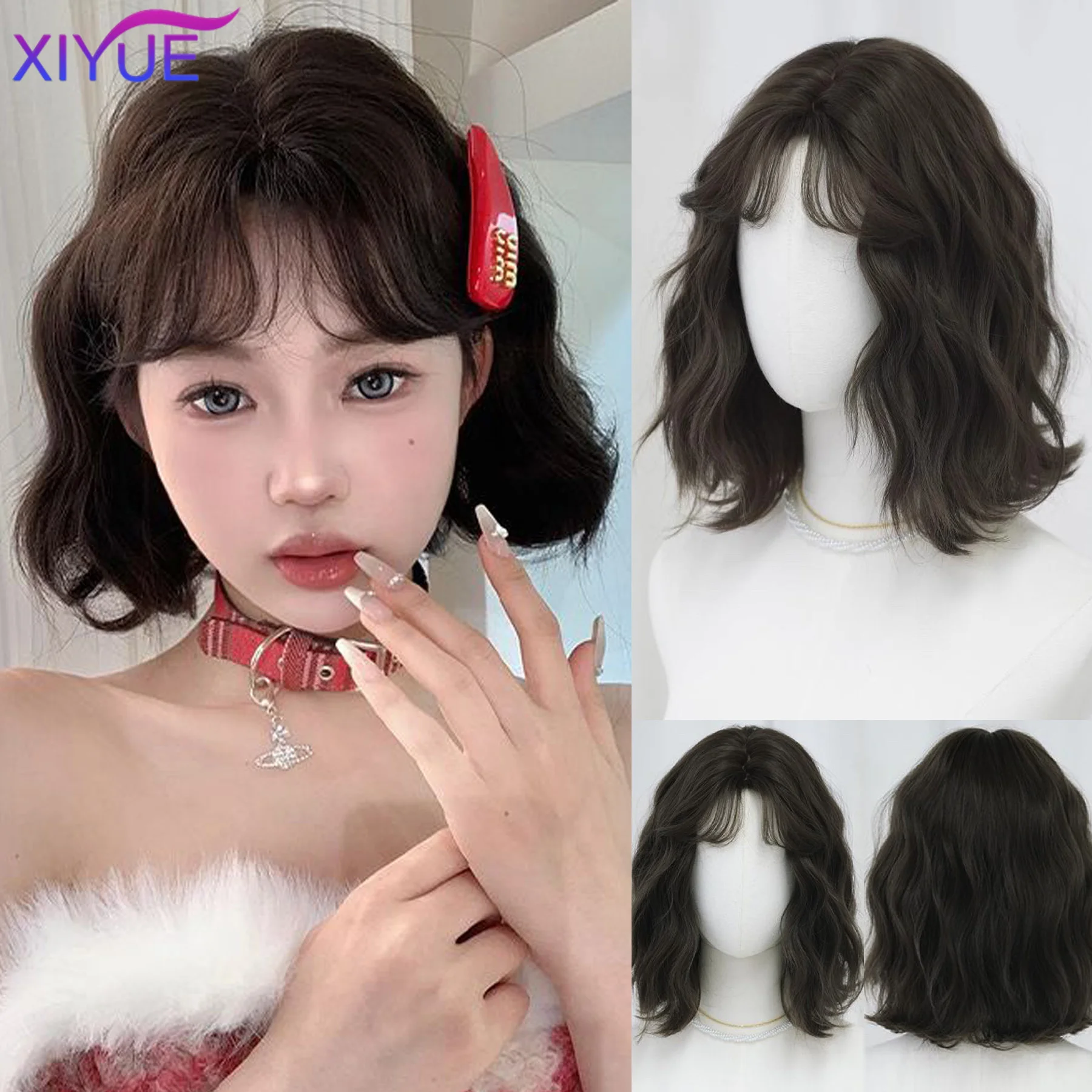 XY Synthetic Wavy Bob Wigs with Bangs Short Blonde Ombre Synthetic Wig With Dark Roots Natural Hair for Daily