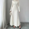 Elegant Women O-neck Long Pleated Dress Autumn Winter Long-sleeved Knitted Maxi Dresses Party Dresses