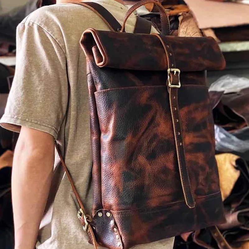 모든 feng ma pi 가죽 빈티지 가죽 백팩을 재현하는 빈티지 남성용 백팩