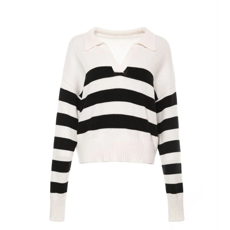 

Fashion Street Crop Sweater Women Winter Long Sleeve Turndown Collar Knitwear Black and White Striped Pullover V-Neck Casual Top