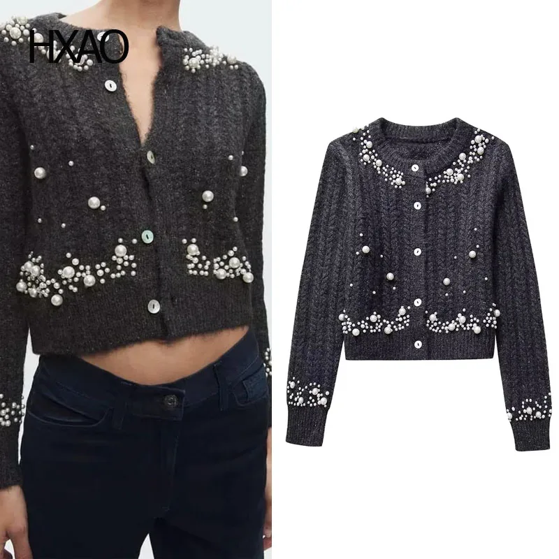 

HXAO Cropped Sweater for Women Pearl Rivet Cardigan Autumn Knitted O-Neck Long Sleeve Cardigans Elegant Fashion Crop Knitwears