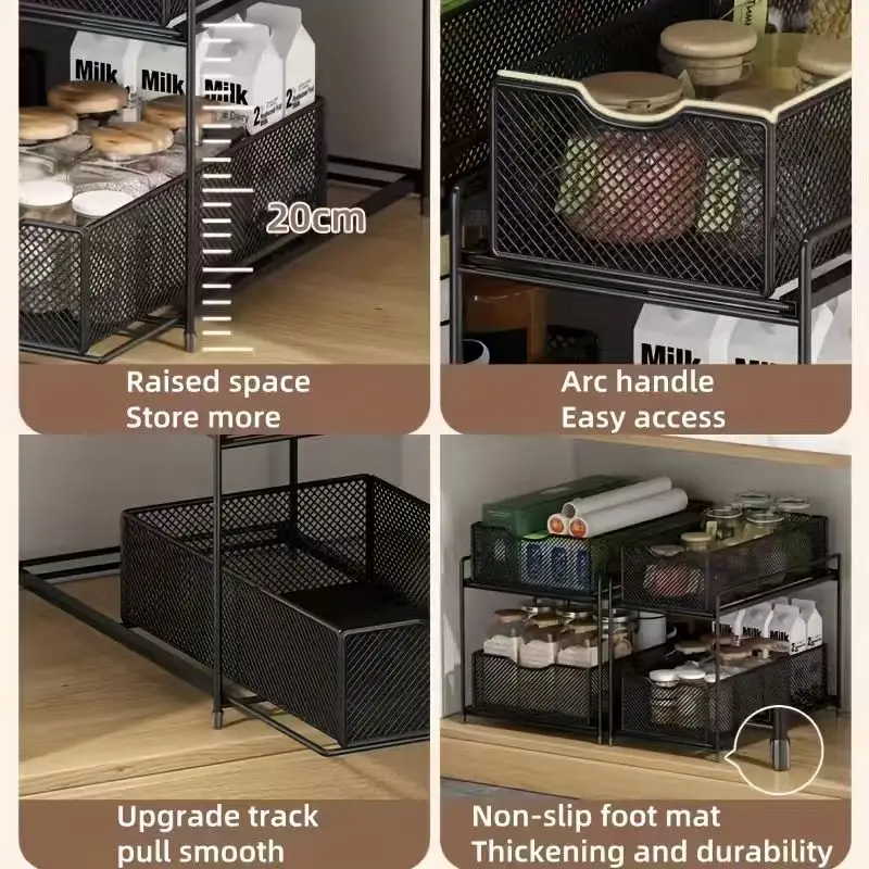 1 double-layer pull-out storage rack, sink storage box, double-layer storage basket, suitable for kitchen, bathroom, living room