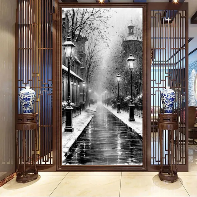 ภาพวิวถนน ภาพวาดเพชร DIY ขนาดใหญ่ ลายป่าหิมะ แบบเต็มสี่เหลี่ยม/ทรงกลม ชุดปักเพชรโมเสค สำหรับตกแต่งผนัง 1