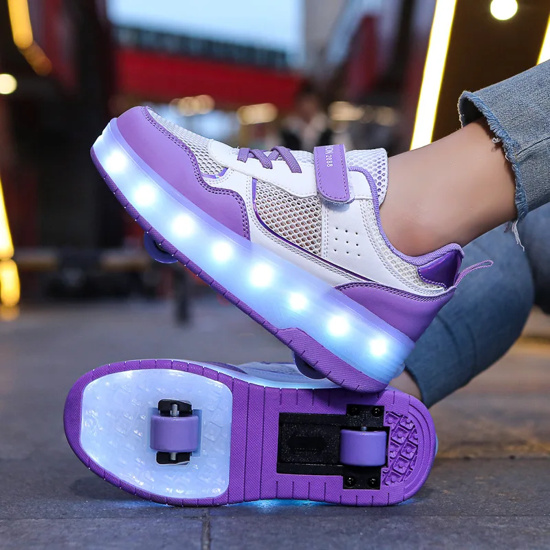 LED buty dziecięce na dwa koła dziecięce wrotki moda oddychająca dziewczynka i chłopiec i dorośli latające trampki sportowe rozmiar na co dzień 28-41