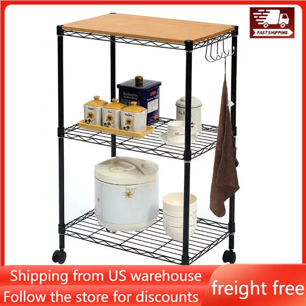

3 Tier MDF Top Kitchen Trolley With Hooks Freight Free Furniture Home