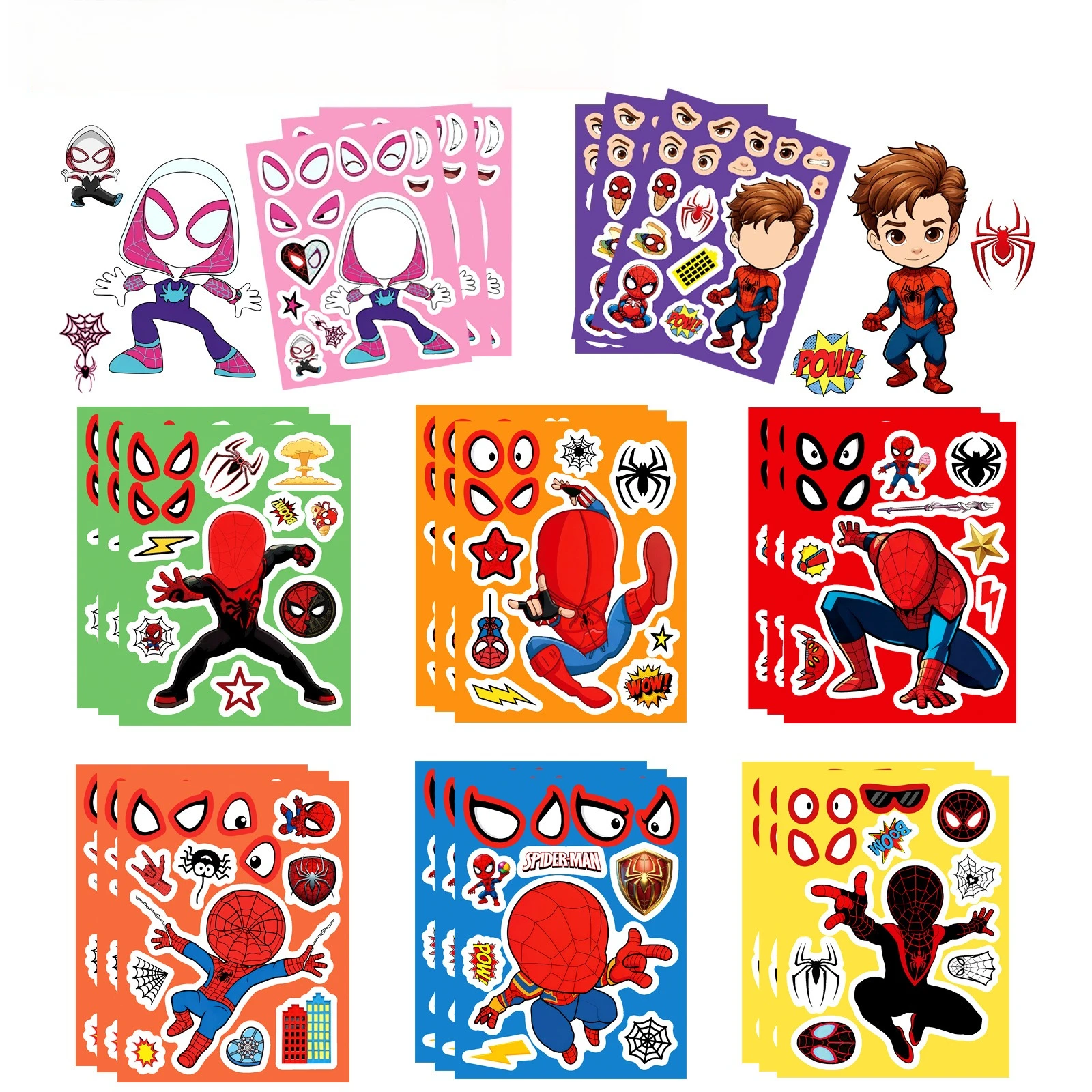 8 Blatt Disney Spiderman Cartoon-Aufkleber, Marvel Puzzle Make-a-Face-Spiel, Aufkleber zum Selbermachen, für Kinder, zum Zusammenbauen von Puzzle-Spielzeug