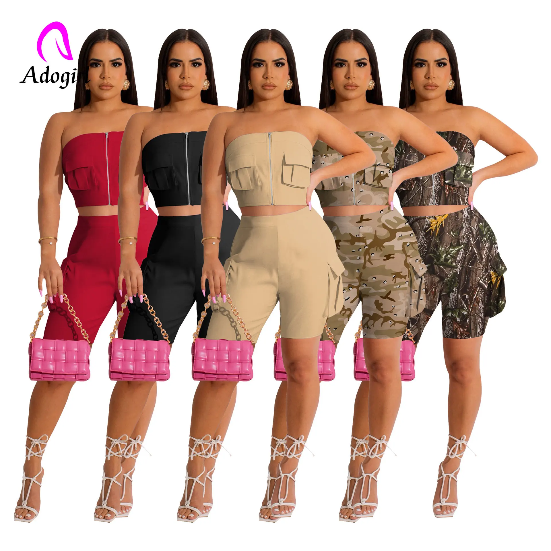 

Cargo Camo Printed Women 2 Piece Set Slash Neck Zipper Crop Top Skinny Biker Shorts Matching Set 2023 Summer New Sexy Tracksuit