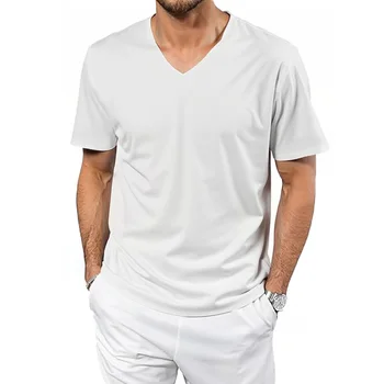 Summer New T-shirt for Men Ice Silk Cool Feeling V-neck T-shirt Quick Drying Lightweight V-neck Breathable Casual Tops