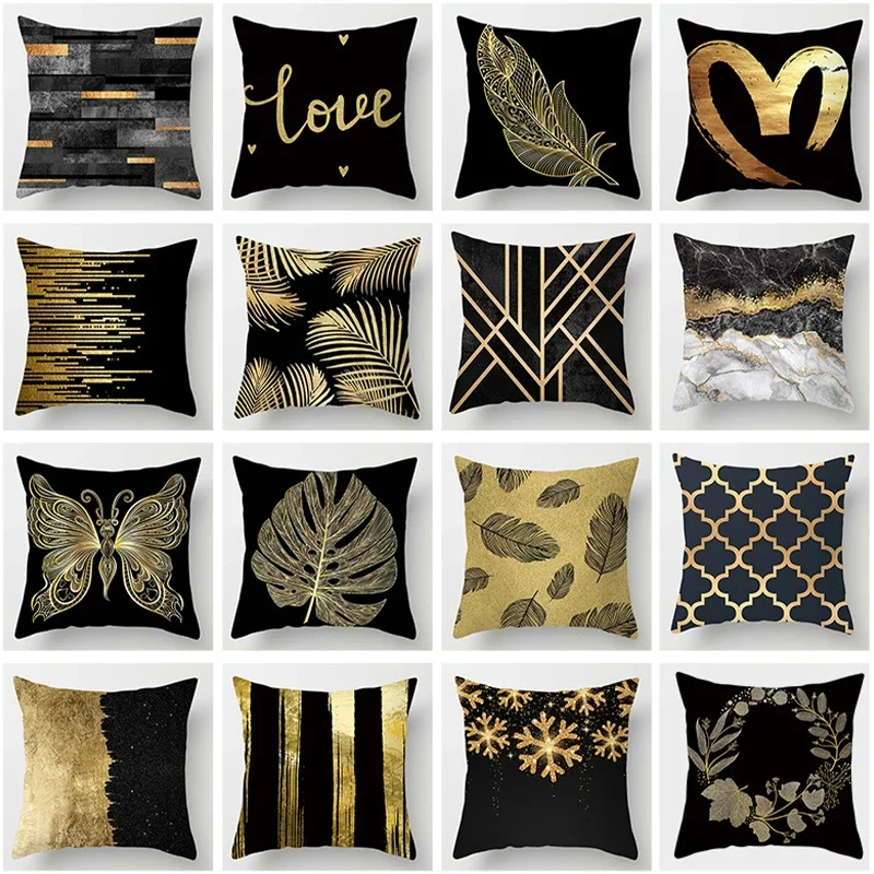 Black & Gold Tropical Cushion Cover