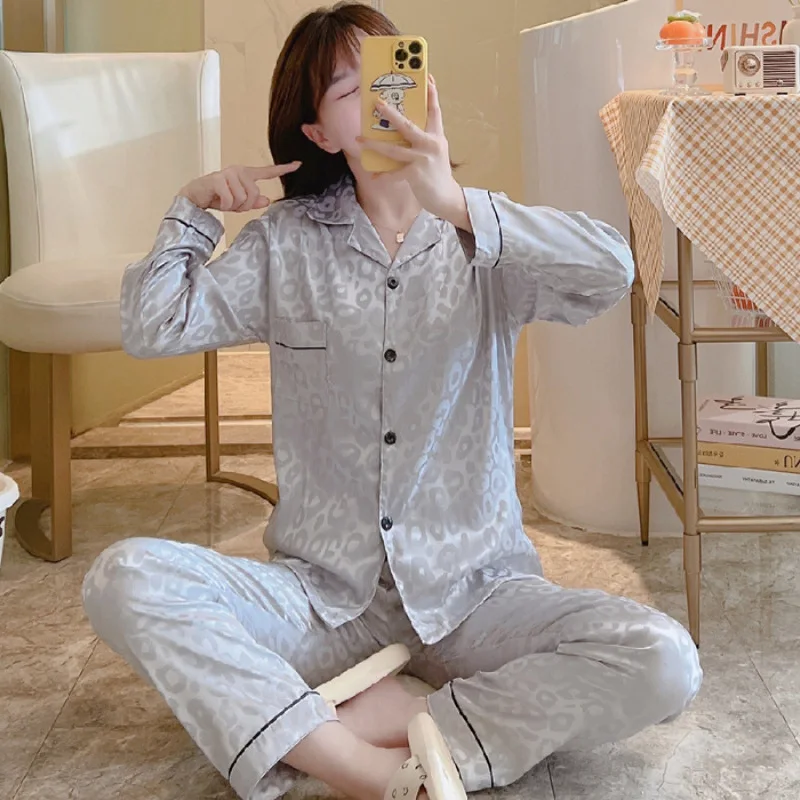 Women's Pajamas Sets Faux Silk Satin Pyjamas Female Leopard Pijamas Long Sleeve Shirt Pants Suit Sleepwear Homewear Loungewear
