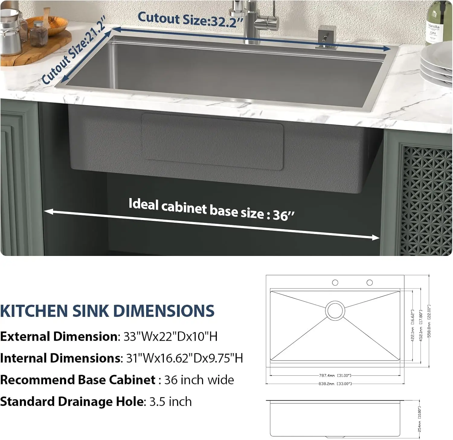 33 Drop In Kitchen Sink Workstation -  33x22 Kitchen Sinks Drop In Stainless Steel 16 Gauge Single Bowl Handmade 6