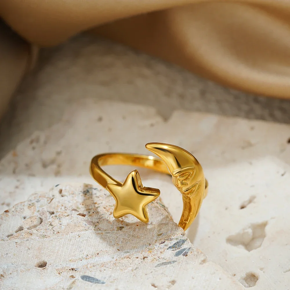 Creative Star Moon Opening Finger Ring Gold Plated Geometric Rust Proof Waterproof Rings for Women Girls Party Jewelry Gift Anel