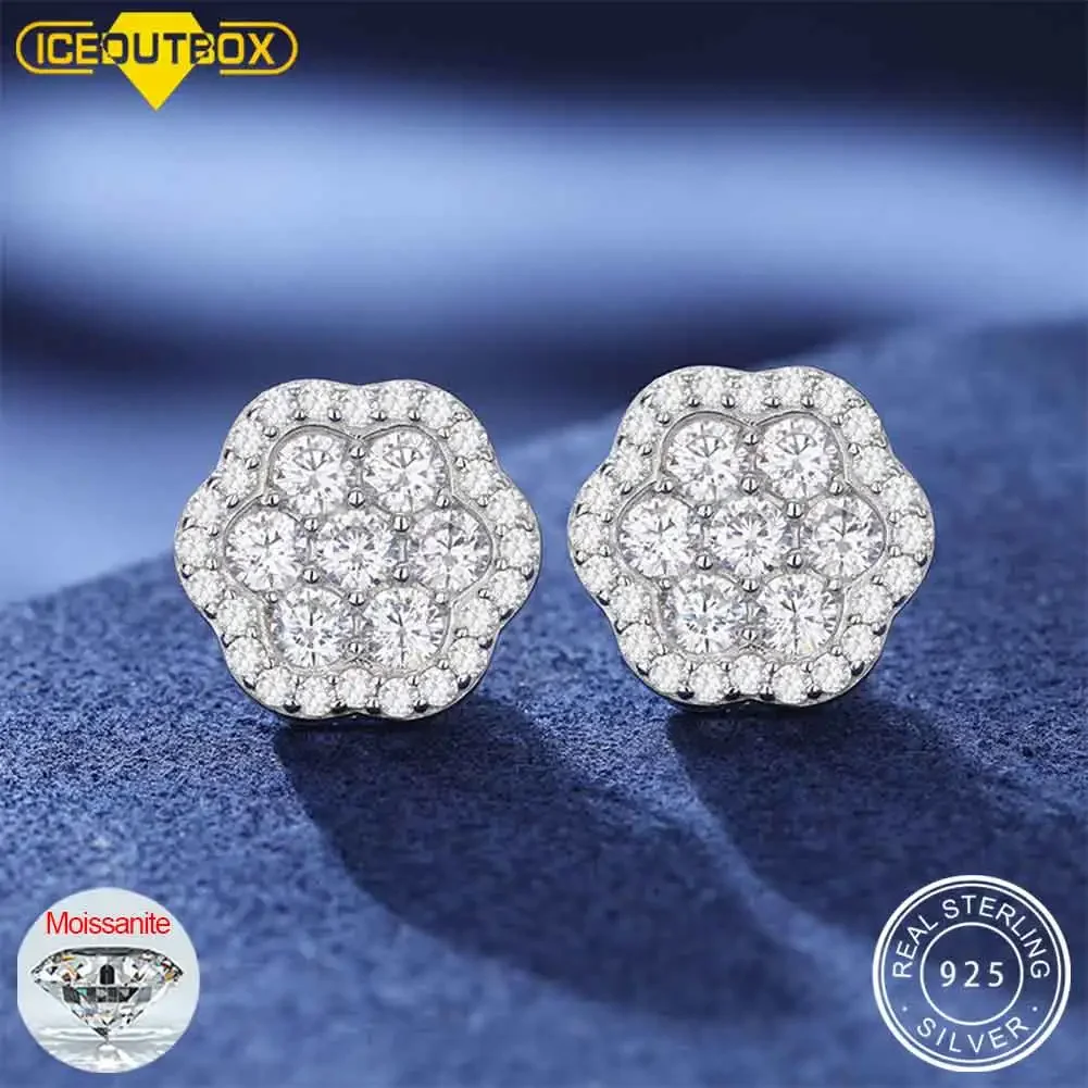 Luxury 925 Moissanite Flower Stud Earrings For Women Men Iced