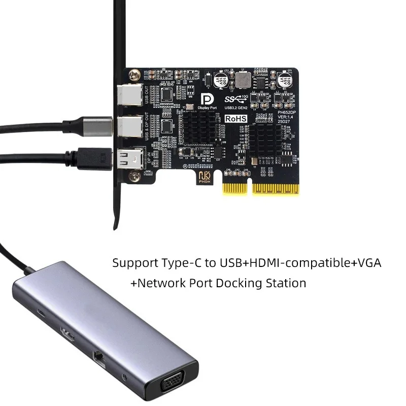 PCI-E X4에서 Type-C로 비디오 확장 카드는 DP 비디오 데스크탑 USB3.2 10G TYPE-C 포트 모니터 도크 어댑터 카드를 지원합니다.