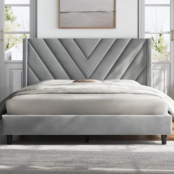 Bed Frame Upholstered Platform Bed with Wing Side/Wooden Slat Support/Tufted Headboard with Wing Side/Mattress Foundation 1